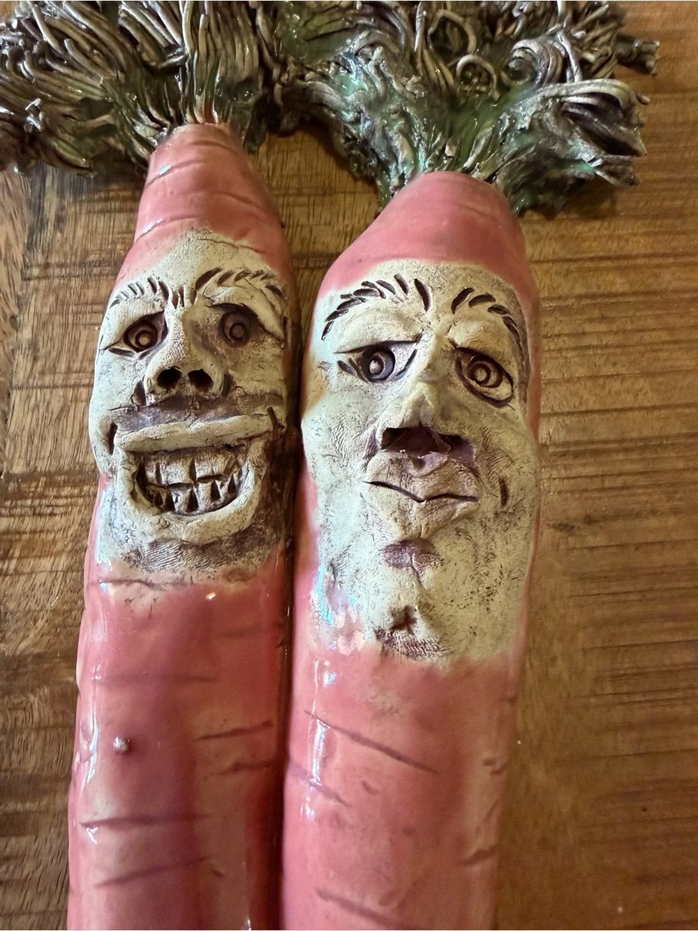 2 Face Anthropomorphic 3D Carrots Signed Clay Pottery Vintage 2000, 12.5”x5” EUC